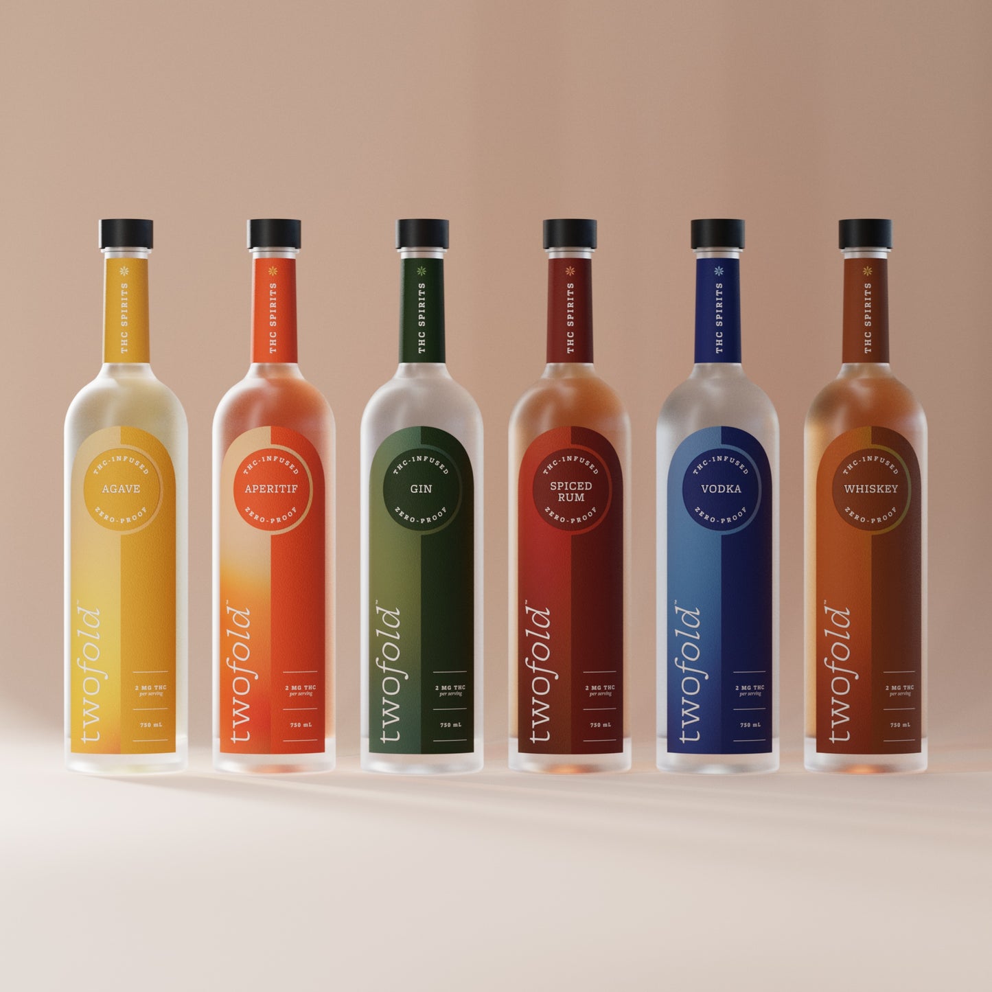 Twofold Variety Case: six 750ml THC-infused zero-proof spirits, Agave, Aperitif, Gin, Spiced Rum, Vodka and Whiskey