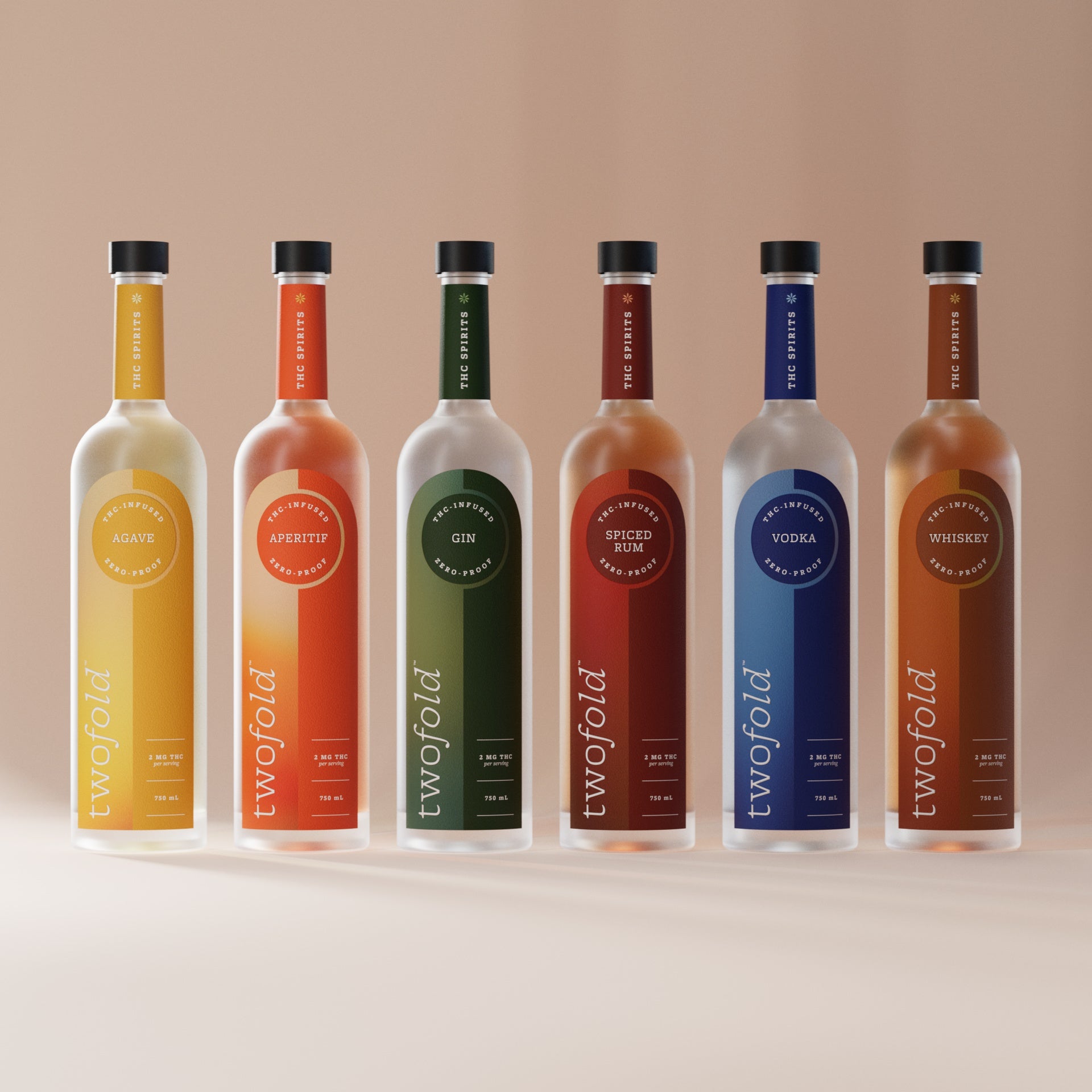 Twofold Variety Case: six 750ml THC-infused zero-proof spirits, Agave, Aperitif, Gin, Spiced Rum, Vodka and Whiskey